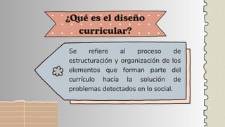 Se refiere al proceso de
estructuración y organización de los
elementos que forman parte del
currículo hacia la solución de
problemas detectados en lo social.
¿Qué es el diseño
curricular?
 