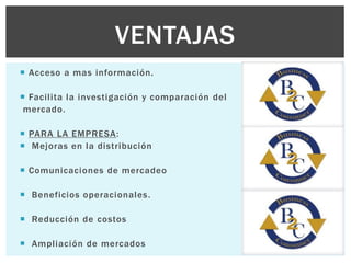 VENTAJAS 
 Acceso a mas información. 
 Faci l i ta la investigación y comparación del 
mercado. 
 PARA LA EMPRESA: 
 Mejoras en la distribución 
 Comunicaciones de mercadeo 
 Beneficios operacionales. 
 Reducción de costos 
 Ampl iación de mercados 
 