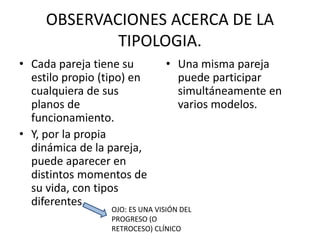 OBSERVACIONES ACERCA DE LA 
TIPOLOGIA. 
• Cada pareja tiene su 
estilo propio (tipo) en 
cualquiera de sus 
planos de 
funcionamiento. 
• Y, por la propia 
dinámica de la pareja, 
puede aparecer en 
distintos momentos de 
su vida, con tipos 
diferentes. 
• Una misma pareja 
puede participar 
simultáneamente en 
varios modelos. 
OJO: ES UNA VISIÓN DEL 
PROGRESO (O 
RETROCESO) CLÍNICO 
 