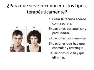 ¿Para que sirve reconocer estos tipos, 
terapéuticamente? 
• Crear la técnica acorde 
con la pareja. 
Situaciones por analizar y 
profundizar. 
Situaciones por dinamizar. 
Situaciones que hay que 
controlar y restringir. 
Situaciones que hay que 
eliminar. 
 
