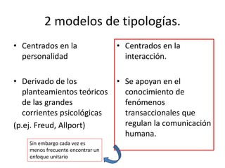 2 modelos de tipologías. 
• Centrados en la 
personalidad 
• Derivado de los 
planteamientos teóricos 
de las grandes 
corrientes psicológicas 
(p.ej. Freud, Allport) 
• Centrados en la 
interacción. 
• Se apoyan en el 
conocimiento de 
fenómenos 
transaccionales que 
regulan la comunicación 
humana. 
Sin embargo cada vez es 
menos frecuente encontrar un 
enfoque unitario 
 