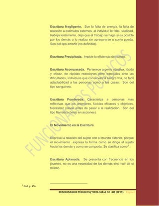 Escritura Negligente. Son la falta de energía, la falta de
                    reacción a estímulos externos, al individuo le falta vitalidad,
                    trabaja lentamente, deja que el trabajo se haga si es posible
                    por los demás o lo realiza sin apresurarse o como pueda.
                    Son del tipo amorfo (no definible).



                    Escritura Precipitada. Impide la eficiencia del sujeto.



                    Escritura Acompasada. Pertenece a gente objetiva, lúcida
                    y eficaz, de rápidas reacciones pero tranquilas ante las
                    dificultades, individuos que conservan la sangre fría, de fácil
                    adaptabilidad a las personas como a las cosas. Son del
                    tipo sanguíneo.



                    Escritura Ponderada. Caracteriza a personas mas
                    reflexivas que los anteriores, lúcidas eficaces y objetivas.
                    Necesitan prever antes de pasar a la realización. Son del
                    tipo flemático (lento en acciones).



                    El Movimiento en la Escritura



                    Expresa la relación del sujeto con el mundo exterior, porque
                    el movimiento expresa la forma como se dirige el sujeto
                    hacia los demás y como se comporta. Se clasifica como9 :



                    Escritura Aplanada. Se presenta con frecuencia en los
                    jóvenes, no es una necesidad de los demás sino huir de si
                    mismo.




9
    Ibid, p. 456.

                          FUNCIONARIOS PÚBLICOS (TIPOLOGÍAS DE LOS JEFES) Página 14
 
