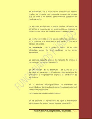 La Inclinación. De la escritura con inclinación de sesenta
grados se presenta con frecuencia en personas celosas,
que se abren a los demás, pero necesitan poseer de un
modo exclusivo.



La escritura enderezada o vertical denota necesidad de
control de la expresión de los sentimientos por medio de la
razón. Es una típica escritura de individuos cerebrales.



La escritura invertida denota graves problemas psicológicos
en el plano de sus sentimientos, interpretación que no se
aplica a los zurdos.

La Dimensión.      De la escritura denota en el plano
intelectual, deseo de tener confianza en un primer
sentimiento.



La escritura pequeña expresa la modestia, la timidez, el
hermetismo, necesidad de reflexión.



La Proporción de la Escritura.           El sujeto es poco
excitable, si hay desproporción el sujeto esta perturbado. La
proporción o desproporción expresa la emotividad del
sentimiento.



En la escritura desproporcionada se manifiesta una
emotividad que domina el sentimiento (impulsos instintivos).
Laescritura proporciona

da expresa dominación del sentimiento.



En la escritura la impulsividad da lugar a movimientos
espontáneos. Lo que es control produce moderación.



      FUNCIONARIOS PÚBLICOS (TIPOLOGÍAS DE LOS JEFES) Página 15
 