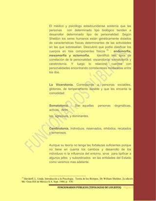 El médico y psicólogo estadounidense sostenía que las
                          personas     con determinado tipo biológico tienden a
                          desarrollar determinado tipo de personalidad. Según
                          Sheldon los seres humanos están genéticamente dotados
                          de características físicas determinantes de las actividades
                          en las que sobresalían. Descubrió que podía clasificar los
                          cuerpos en tres componentes físicos 15 : endomorfia,
                          mesomorfia y ectomorfia.           Identificó tres tipos de
                          correlación de la personalidad: viscerotonía, somatotonía y
                          cerebrotonía. Y luego lo relacionó cuerpos con
                          personalidades encontrando correlaciones moderadas entre
                          los dos.



                          La Vicerotonía. Corresponde a personas sociables,
                          glotones, de temperamento estable y que les encanta la
                          comodidad.



                          Somatotonía.            Son aquellas          personas        dogmáticas,
                          activas, direc

                          tas, agresivas, y dominantes.



                          Cerebrotonía. Individuos, reservados, inhibidos, recatados
                          y temerosos.



                          Aunque su teoría no tenga las fortalezas suficientes porque
                          no tiene en cuenta los cambios y desarrollo de los
                          individuos ni la influencia del entorno, sirve para tipificar a
                          algunos jefes y subordinados en las entidades del Estado
                          como veremos mas adelante.




15
 Davidoff, L. Linda. Introducciín a la Psicología. Teoría de los Biotipos. De William Sheldon. 2a edición .
Mc- Grau Hill de México S.A. Sept. 1984, p. 530.

                                  FUNCIONARIOS PÚBLICOS (TIPOLOGÍAS DE LOS JEFES) Página 20
 