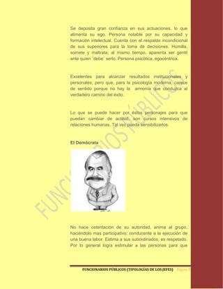 Se deposita gran confianza en sus actuaciones, lo que
alimenta su ego. Persona notable por su capacidad y
formación intelectual. Cuenta con el respaldo incondicional
de sus superiores para la toma de decisiones. Humilla,
somete y maltrata; al mismo tiempo, aparenta ser gentil
ante quien ¨debe¨ serlo. Persona psicótica, egocéntrica.



Excelentes para alcanzar resultados institucionales y
personales; pero que, para la psicología moderna, carece
de sentido porque no hay la armonía que conduzca al
verdadero camino del éxito.



Lo que se puede hacer por éstos personajes para que
puedan cambiar de actitud, son cursos intensivos de
relaciones humanas. Tal vez pueda sensibilizarlos.



El Demócrata




No hace ostentación de su autoridad, anima al grupo,
haciéndolo mas participativo; conducente a la ejecución de
una buena labor. Estima a sus subordinados; es respetado.
Por lo general logra estimular a las personas para que




      FUNCIONARIOS PÚBLICOS (TIPOLOGÍAS DE LOS JEFES) Página 32
 