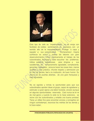 Este tipo de Jefe es ¨imperturbable¨, no se enoja con
facilidad, de nobles sentimientos, es expresivo, con un
sentido alto de la responsabilidad. Protege ¨a capa y
espada¨ a sus subordinados.          ¨Dicharachero¨. Inspira
confianza es activo y realiza las labores con gran
desenvolvimiento, critica positivamente el trabajo de los
subordinados. Aconseja y sabe escuchar los problemas.
Utiliza palabras respetuosas       para dirigirse a     sus
subalternos, de temperamento agradable, complaciente,
generoso, dialogador, procura hacer las cosas bien, menos
analítico y más práctico, infunde respeto y admiración por
su don de gentes, leal a la institución, de buen humor. Su
oficina es de puertas abiertas, de una gran franqueza y
trato agradable.



No es egoísta y brinda la oportunidad para que sus
subordinados aporten ideas al grupo, capaz de agradecer y
estimular a quien ejerce una labor honesta, sincero aunque
en algunas oportunidades reservado. Casi nunca se le ve
de mal genio y cuando lo está no lo hace extensivo, se
reúne con los subordinados y entabla una buena amistad.
Tiene un olfato fino para encontrar errores y corregirlos sin
ningún contratiempo, reconoce los méritos de los demás y
lo hace saber.



      FUNCIONARIOS PÚBLICOS (TIPOLOGÍAS DE LOS JEFES) Página 37
 