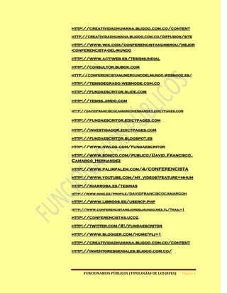http://creatividadhumana.bligoo.com.co/content
http://creatividadhumana.bligoo.com.co/diffusion/site

http://www.wix.com/conferencistanumerou/mejor
-conferencista-del-mundo

http://www.actiweb.es/tesismundial

http://consultor.bubok.com
http://conferencistanumerounodelmundo.webnode.es/

http://tesisdegrado.webnode.com.co

http://fundaescritor.slide.com

http://tesiss.jimdo.com

http://davidfranciscocamargohernandez.edicypages.com

http://fundaescritor.edicypages.com

http://investigador.edicypages.com

http://fundaescritor.blogspot.es

http://www.nwlog.com/fundaescritor

http://www.sonico.com/publico/David_Francisco_
Camargo_Hernandez

http://www.palimpalem.com/4/CONFERENCISTA

http://www.youtube.com/my_videos?feature=mhum

http://miarroba.es/tesinas
http://www.ning.es/profile/DAVIDFRANCISCOCAMARGOH

http://www.libroos.es/usercp.php
http://www.conferencistamejordelmundo.mex.tl/?mail=1

http://conferencistas.ucoz.

http://twitter.com/#!/fundaescritor

http://www.blogger.com/home?pli=1

http://creatividadhumana.bligoo.com.co/content

http://inventoresgeniales.bligoo.com.co/




     FUNCIONARIOS PÚBLICOS (TIPOLOGÍAS DE LOS JEFES)   Página 4
 