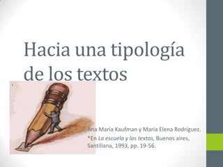 Hacia una tipología
de los textos
Ana María Kaufman y María Elena Rodríguez.
*En La escuela y los textos, Buenos aires,
Santillana, 1993, pp. 19-56.
 