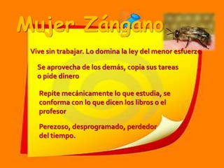 Mujer ZánganoVive sin trabajar. Lo domina la ley del menor esfuerzoSe aprovecha de los demás, copia sus tareas o pide dineroRepite mecánicamente lo que estudia, se conforma con lo que dicen los libros o el profesorPerezoso, desprogramado, perdedor del tiempo.