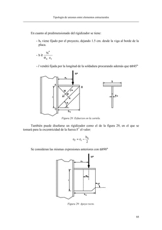 Tipología de uniones entre elementos estructurales
68
En cuanto al predimensionado del rigidizador se tiene:
- bh viene fijado por el proyecto, dejando 1.5 cm. desde la viga al borde de la
placa.
- b
N
eu v
≥
⋅
*
σ
- l vendrá fijada por la longitud de la soldadura procurando además que α≥45°
Figura 28: Esfuerzos en la cartela.
También puede diseñarse un rigidizador como el de la figura 29, en el que se
tomará para la excentricidad de la fuerza F*
el valor:
e e
b
F r
h
= −
2
Se consideran las mismas expresiones anteriores con α≥90°
Figura 29: Apoyo recto.
 