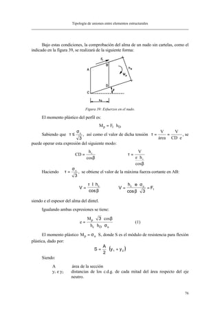 Tipología de uniones entre elementos estructurales
76
Bajo estas condiciones, la comprobación del alma de un nudo sin cartelas, como el
indicado en la figura 39, se realizará de la siguiente forma:
Figura 39: Esfuerzos en el nudo.
El momento plástico del perfil es:
M F hp D= ⋅1
Sabiendo que τ
σ
≤ u
3
, así como el valor de dicha tensión τ = =
⋅
V
área
V
CD e
, se
puede operar esta expresión del siguiente modo:
CD
hc
=
cosβ
τ
β
=
⋅
V
e hc
cos
Haciendo τ
σ
= u
3
, se obtiene el valor de la máxima fuerza cortante en AB:
V
l hc
=
⋅ ⋅τ
βcos
V
h e
Fc u
=
⋅ ⋅
⋅
=
σ
βcos 3
1
siendo e el espesor del alma del dintel.
Igualando ambas expresiones se tiene:
e
M
h h
p
c D u
=
⋅ ⋅
⋅ ⋅
3 cosβ
σ
(1)
El momento plástico M Sp u= ⋅σ , donde S es el módulo de resistencia para flexión
plástica, dado por:
( )21 yy
2
A
S +⋅=
Siendo:
A área de la sección
y1 e y2 distancias de los c.d.g. de cada mitad del área respecto del eje
neutro.
 