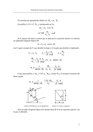 Tipología de uniones entre elementos estructurales
77
El momento de agotamiento elástico es: M Wu u x= ⋅σ
En perfiles I, S Wx≈ ⋅1 12. , y sustituyendo en (1):
M Wp u x= ⋅ ⋅σ 112.
e
W
h h
x
D c
≥ ⋅
⋅
⋅1 94. cosβ
Si el espesor del alma es menor que el dado por la expresión anterior se colocará
un rigidizador diagonal (figura 40)
F F Fa r1 = + ⋅ −sen( )α β
con Fa igual a la parte de F1
que absorbe la chapa y Fr la parte que absorbe el rigidizador.
F A F
h e
F
M
h
r r u a
c u p
D
= ⋅ =
⋅ ⋅
⋅
=σ
σ
β3
1
cos
)sen(A
cos3
eh
h
M
ur
uc
D
p
β−α⋅σ⋅+
β⋅
σ⋅⋅
=








β⋅
⋅
−
σ⋅
⋅
β−α
≥
cos3
eh
h
M
)sen(
1
A c
uD
p
r
Como para perfiles I, M Wp u xD= ⋅ ⋅112. σ , siendo WxD el momento resistente del
dintel, queda:








β⋅
⋅
−
⋅
⋅
β−α
≥
cos3
eh
h
W12.1
)sen(
1
A c
D
xD
r
Figura 40:Esfuerzos en el rigidizador. Figura 41: Nudo ortogonal.
Para un nudo ortogonal (figura 41), bastará hacer β=0 en la expresión anterior, con
lo que se obtendrá:
 