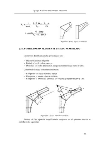 Tipología de uniones entre elementos estructurales
78





 ⋅
−
⋅
⋅
α
≥
3
eh
h
W12.1
sen
1
A c
D
xD
r
β⋅−
β⋅
=α
senhh
cosh
arctg
cD
c
Figura 42: Nudos rígidos acartelados.
2.5.3. COMPROBACION PLASTICA DE UN NUDO ACARTELADO
Las razones de utilizar cartelas en los nudos son:
− Mejorar la estética del perfil.
− Reducir el perfil en la zona recta.
− Disminuir los costes de material, aunque aumentan los de mano de obra.
Comprobar un nudo acartelado consiste en:
− Comprobar las alas a momento flector.
− Comprobar el alma a esfuerzo cortante.
− Comprobar la estabilidad lateral de los cordones comprimidos DF y DH.
Figura 43: Cálculo del nudo acartelado.
Además de las hipótesis simplificatorias aceptadas en el apartado anterior se
introducen las siguientes:
 