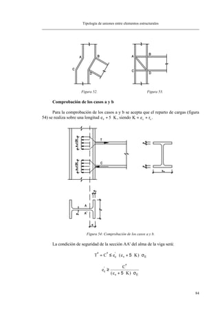 Tipología de uniones entre elementos estructurales
84
Figura 52. Figura 53.
Comprobación de los casos a y b
Para la comprobación de los casos a y b se acepta que el reparto de cargas (figura
54) se realiza sobre una longitud e Kv + ⋅5 , siendo K e rc c= + .
Figura 54: Comprobación de los casos a y b.
La condición de seguridad de la sección AA' del alma de la viga será:
T C e e Kc v E
* * '
( )= ≤ ⋅ + ⋅ ⋅5 σ
e
C
e K
c
v E
'
*
( )
≥
+ ⋅ ⋅5 σ
 