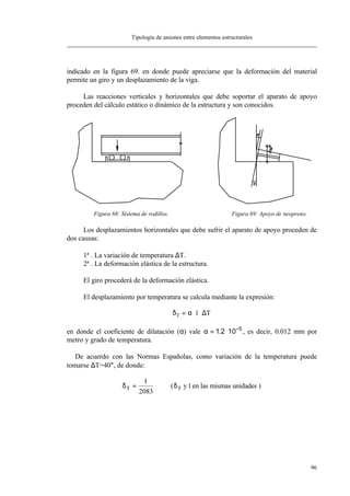 Tipología de uniones entre elementos estructurales
96
indicado en la figura 69. en donde puede apreciarse que la deformación del material
permite un giro y un desplazamiento de la viga.
Las reacciones verticales y horizontales que debe soportar el aparato de apoyo
proceden del cálculo estático o dinámico de la estructura y son conocidos.
Figura 68: Sistema de rodillos. Figura 69: Apoyo de neopreno.
Los desplazamientos horizontales que debe sufrir el aparato de apoyo proceden de
dos causas:
1ª . La variación de temperatura ∆T.
2ª . La deformación elástica de la estructura.
El giro procederá de la deformación elástica.
El desplazamiento por temperatura se calcula mediante la expresión:
δ αT l T= ⋅ ⋅ ∆
en donde el coeficiente de dilatación (α) vale α = ⋅ −
1 2 10 5
. , es decir, 0.012 mm por
metro y grado de temperatura.
De acuerdo con las Normas Españolas, como variación de la temperatura puede
tomarse ∆T=40°, de donde:
δ δT T
l
=
2083
( y l en las mismas unidades )
 