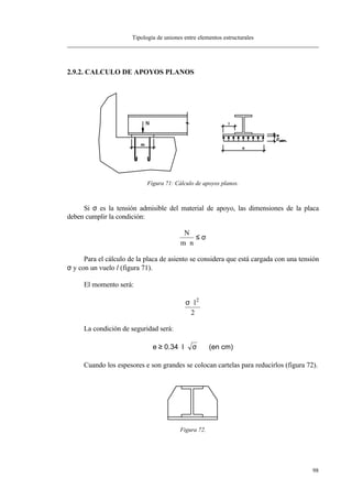Tipología de uniones entre elementos estructurales
98
2.9.2. CALCULO DE APOYOS PLANOS
Figura 71: Cálculo de apoyos planos.
Si σ es la tensión admisible del material de apoyo, las dimensiones de la placa
deben cumplir la condición:
N
m n⋅
≤ σ
Para el cálculo de la placa de asiento se considera que está cargada con una tensión
σ y con un vuelo l (figura 71).
El momento será:
σ ⋅l2
2
La condición de seguridad será:
e ≥ ⋅ ⋅0.34 l (en cm)σ
Cuando los espesores e son grandes se colocan cartelas para reducirlos (figura 72).
Figura 72.
 