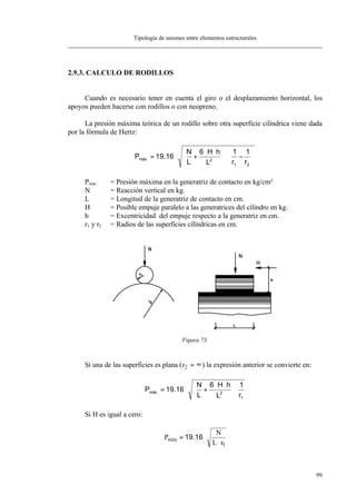 Tipología de uniones entre elementos estructurales
99
2.9.3. CALCULO DE RODILLOS
Cuando es necesario tener en cuenta el giro o el desplazamiento horizontal, los
apoyos pueden hacerse con rodillos o con neopreno.
La presión máxima teórica de un rodillo sobre otra superficie cilíndrica viene dada
por la fórmula de Hertz:






−⋅




 ⋅⋅
+⋅=
21
2máx
r
1
r
1
L
hH6
L
N
16.19P
Pmáx = Presión máxima en la generatriz de contacto en kg/cm²
N = Reacción vertical en kg.
L = Longitud de la generatriz de contacto en cm.
H = Posible empuje paralelo a las generatrices del cilindro en kg.
h = Excentricidad del empuje respecto a la generatriz en cm.
r1 y r2 = Radios de las superficies cilíndricas en cm.
Figura 73.
Si una de las superficies es plana (r2 = ∞) la expresión anterior se convierte en:
1
2máx
r
1
L
hH6
L
N
16.19P ⋅




 ⋅⋅
+⋅=
Si H es igual a cero:
P
N
L r
máx = ⋅
⋅
19 16
1
.
 
