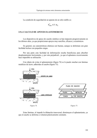 Tipología de uniones entre elementos estructurales
100
La condición de seguridad de un aparato de un sólo rodillo es:
Pmáx E
*
≤ ⋅5 σ
2.9.4. CALCULO DE APOYOS ELASTOMERICOS
Los dispositivos de apoyo de caucho sintético se han impuesto progresivamente en
los últimos años, ya que proporcionan apoyos muy sencillos, eficaces y económicos.
En general, sus características elásticas son buenas, aunque se deforman con gran
facilidad incluso con pequeñas cargas.
Por una parte esta facilidad de deformación resulta beneficiosa para absorber
desplazamientos horizontales, y por otra perjudicial , ya que al aplastarse excesivamente
hace imposible su utilización.
Con objeto de evitar el aplastamiento (figura 74) se le puede zunchar con láminas
metálicas de acero, adheridas al caucho (figura 75).
Figura 74. Figura 75.
Estas láminas, al impedir la dilatación transversal, disminuyen el aplastamiento, ya
que el caucho se deforma a volumen prácticamente constante.
 