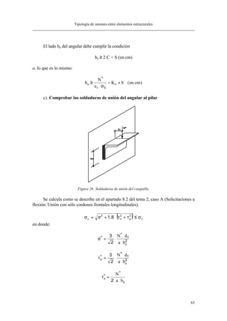 Tipología de uniones entre elementos estructurales
65
El lado ba del angular debe cumplir la condición
ba ≥ 2⋅C + S (en cm)
o, lo que es lo mismo:
b
N
e
K Sa
v E
v≥
⋅
− +
*
σ
(en cm)
c). Comprobar las soldaduras de unión del angular al pilar.
Figura 26: Soldaduras de unión del casquillo.
Se calcula como se describe en el apartado 8.2 del tema 2, caso A (Solicitaciones a
flexión: Unión con sólo cordones frontales longitudinales).
( ) u
2
a
2
n
2
c 8.1 σ≤τ+τ⋅+σ=σ
en donde:
σ*
*
= ⋅
⋅
⋅
3
2
1
2
N d
a ba
τn
a
N d
a b
*
*
= ⋅
⋅
⋅
3
2
1
2
τa
a
N
a b
*
*
=
⋅ ⋅2
 