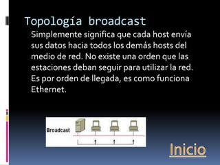 Topología broadcast 
Simplemente significa que cada host envía 
sus datos hacia todos los demás hosts del 
medio de red. No existe una orden que las 
estaciones deban seguir para utilizar la red. 
Es por orden de llegada, es como funciona 
Ethernet. 
 