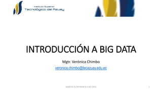 INTRODUCCIÓN A BIG DATA
Mgtr. Verónica Chimbo
veronica.chimbo@tecazuay.edu.ec
MARCOS DE REFERENCIA A BIG DATA 1
 