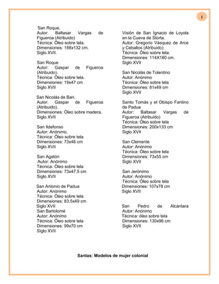 1
San Roque.
Autor: Baltasar Vargas de
Figueroa (Atribuido)
Técnica: Óleo sobre tela.
Dimensiones: 188x132 cm.
Siglo XVII.
San Roque
Autor: Gaspar de Figueroa
(Atribuido).
Técnica: Óleo sobre tela.
Dimensiones: 19x47 cm
Siglo XVII
San Nicolás de Bari.
Autor: Gaspar de Figueroa
(Atribuido).
Dimensiones: Óleo sobre madera.
Siglo XVII
San Ildefonso
Autor: Anónimo.
Técnica: Óleo sobre tela
Dimensiones: 73x46 cm
Siglo XVII
San Agatón
Autor: Anónimo
Técnica: Óleo sobre tela
Dimensiones: 73x47.5 cm
Siglo XVII
San Antonio de Padua
Autor: Anónimo
Técnica: Óleo sobre tela
Dimensiones: 83.5x49 cm
Visión de San Ignacio de Loyola
en la Cueva de Storta.
Autor: Gregorio Vásquez de Arce
y Ceballos (Atribuido)
Técnica: Óleo sobre tela.
Dimensiones: 114X180 cm.
Siglo XVII
San Nicolás de Tolentino
Autor: Anónimo
Técnica: Óleo sobre tela
Dimensiones: 81x49 cm
Siglo XVII
Santo Tomás y el Obispo Fantino
de Padua
Autor: Baltasar Vargas de
Figueroa (Atribuido)
Técnica: Óleo sobre tela
Dimensiones: 200x133 cm
Siglo XVII
San Clemente
Autor: Anónimo
Técnica: Óleo sobre tela
Dimensiones: 73x55 cm
Siglo XVII
San Jerónimo
Autor: Anónimo
Técnica: Óleo sobre tela
Dimensiones: 107x78 cm
Siglo XVII
Siglo XVII San Pedro de Alcántara
San Bartolomé
Autor: Anónimo
Técnica: Óleo sobre tela
Dimensiones: 99x70 cm
Siglo XVII
Autor: Anónimo
Técnica: óleo sobre tela
Dimensiones: 130x96 cm
Siglo XVII
Santas: Modelos de mujer colonial
 