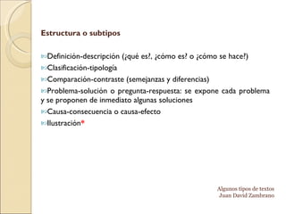 Estructura o subtipos Definición-descripción (¿qué es?, ¿cómo es? o ¿cómo se hace?) Clasificación-tipología Comparación-contraste (semejanzas y diferencias) Problema-solución o pregunta-respuesta: se expone cada problema y se proponen de inmediato algunas soluciones Causa-consecuencia o causa-efecto Ilustración * Algunos tipos de textos Juan David Zambrano 