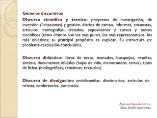 Géneros discursivos Discurso científico y técnico:  proyectos de investigación, de inversión (licitaciones) y gestión, diarios de campo, informes, encuestas, artículos, monografías, tratados, exposiciones y cursos y textos científicos (estos últimos son los más puros, los más representativos, los más objetivos; su principal propósito es explicar. Su estructura es: problema-resolución-conclusión). Discurso didáctico:  libros de texto, manuales, bosquejos, reseñas, síntesis, documentos oficiales (hojas de vida, memorandos, cartas), tipos de fichas (bibliográficas, temáticas, textuales). Discurso de divulgación:  enciclopedias, diccionarios, artículos de  revista, conferencias, ponencias. Algunos tipos de textos Juan David Zambrano 