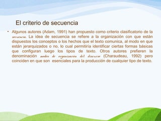 El criterio de secuencia
• Algunos autores (Adam, 1991) han propuesto como criterio clasificatorio de la
secuencia. La idea de secuencia se refiere a la organización con que están
dispuestos los conceptos o los hechos que el texto comunica, al modo en que
están jerarquizados o no, lo cual permitiría identificar ciertas formas básicas
que configuran luego los tipos de texto. Otros autores prefieren la
denominación modos de organización del discurso (Charaudeau, 1992) pero
coinciden en que son esenciales para la producción de cualquier tipo de texto.
 