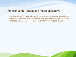 Funciones del lenguaje y modo discursivo
• La tipologización más adecuada es la que se produce cuando se
entrecruzan los criterios de función y de secuencia, lo que da como
resultado, el modo discursivo o trama (Kaufman y Rodríguez, 1993).
 