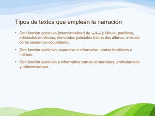 Tipos de textos que emplean la narración
• Con función apelativa (intencionalidad de influir): fábula, parábola,
editoriales de diarios, demandas judiciales (estas dos últimas, incluida
como secuencia secundaria).
• Con función apelativa, expresiva e informativa: cartas familiares e
íntimas.
• Con función apelativa e informativa: cartas comerciales, profesionales
y administrativas.
 
