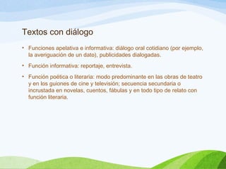 Textos con diálogo
• Funciones apelativa e informativa: diálogo oral cotidiano (por ejemplo,
la averiguación de un dato), publicidades dialogadas.
• Función informativa: reportaje, entrevista.
• Función poética o literaria: modo predominante en las obras de teatro
y en los guiones de cine y televisión; secuencia secundaria o
incrustada en novelas, cuentos, fábulas y en todo tipo de relato con
función literaria.
 