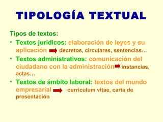 TIPOLOGÍA TEXTUAL Tipos de textos: Textos jurídicos:  elaboración de leyes y su aplicación  decretos, circulares, sentencias… Textos administrativos:  comunicación del ciudadano con la administración  instancias, actas… Textos de ámbito laboral:  textos del mundo empresarial  currículum vitae, carta de presentación 