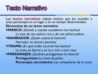 Los  textos narrativos  relatan hechos que les suceden a unos personajes en un lugar y en un tiempo determinados. Elementos de un texto narrativo: MARCO:  ¿Dónde y cuándo sucedieron los hechos? La casa de una señora rica y de una señora pobre. NARRADOR:  ¿Quién cuenta la historia? Narrador en tercera persona. TRAMA:  ¿En qué orden ocurren los hechos? La mota se aburre y se va a vivir a otra casa. PERSONAJES:  ¿Quiénes protagonizan la historia? Protagonistas:  La mota de polvo. Personajes secundarios:  Las compañeras de la mota.  