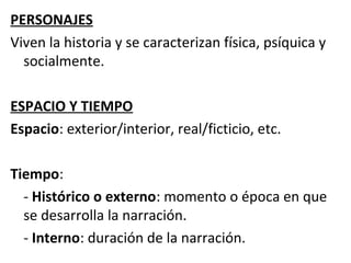 PERSONAJES
Viven la historia y se caracterizan física, psíquica y
  socialmente.

ESPACIO Y TIEMPO
Espacio: exterior/interior, real/ficticio, etc.

Tiempo:
  - Histórico o externo: momento o época en que
  se desarrolla la narración.
  - Interno: duración de la narración.
 