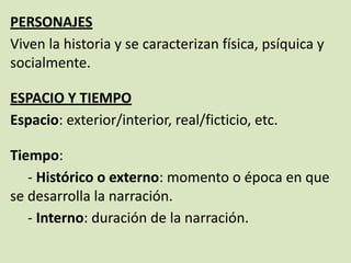 PERSONAJES
Viven la historia y se caracterizan física, psíquica y
socialmente.
ESPACIO Y TIEMPO
Espacio: exterior/interior, real/ficticio, etc.
Tiempo:
- Histórico o externo: momento o época en que
se desarrolla la narración.
- Interno: duración de la narración.
 