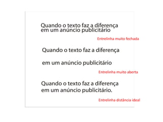 Entrelinha muito fechada




Entrelinha muito aberta




Entrelinha distância ideal
 