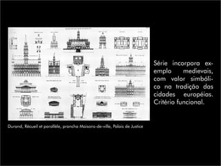 Durand, Récueil et parallèle, prancha Maisons-de-ville, Palais de Justice
Série incorpora ex-
emplo medievais,
com valor simbóli-
co na tradição das
cidades européias.
Critério funcional.
 