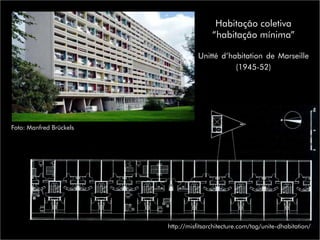 Habitação coletiva
“habitação mínima”
Unitté d’habitation de Marseille
(1945-52)
Foto: Manfred Brückels
http://misfitsarchitecture.com/tag/unite-dhabitation/
 