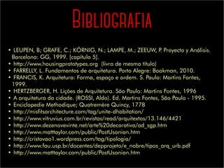 •	LEUPEN, B; GRAFE, C.; KÖRNIG, N.; LAMPE, M.; ZEEUW, P. Proyecto y Análisis.
Barcelona: GG, 1999. [capítulo 5].
•	http://www.housingprototypes.org  (livro de mesmo título)
•	FARRELLY, L. Fundamentos de arquitetura. Porto Alegre: Bookman, 2010.
•	FRANCIS, K. Arquitetura: Forma, espaço e ordem. S. Paulo: Martins Fontes,
1999.
•	HERTZBERGER, H. Lições de Arquitetura. São Paulo: Martins Fontes, 1996
•	A arquitetura da cidade. (ROSSI, Aldo). Ed. Martins Fontes, São Paulo - 1995.
•	Enciclopedie Methodique; Quatremère Quincy, 1778
•	http://misfitsarchitecture.com/tag/unite-dhabitation/
•	http://www.vitruvius.com.br/revistas/read/arquitextos/13.146/4421
•	http://www.dezenovevinte.net/arte%20decorativa/ad_sgp.htm
•	http://www.matttaylor.com/public/PostUsonian.htm
•	http://cristovao1.wordpress.com/tag/tipologia/
•	http://www.fau.usp.br/docentes/depprojeto/e_nobre/tipos_arq_urb.pdf
•	http://www.matttaylor.com/public/PostUsonian.htm
Bibliografia
 
