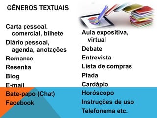 GÊNEROS TEXTUAIS
Carta pessoal,
comercial, bilhete
Diário pessoal,
agenda, anotações
Romance
Resenha
Blog
E-mail
Bate-papo (Chat)
Facebook
Aula expositiva,
virtual
Debate
Entrevista
Lista de compras
Piada
Cardápio
Horóscopo
Instruções de uso
Telefonema etc.
 
