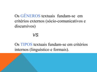 Os GÊNEROS textuais fundam-se em
critérios externos (sócio-comunicativos e
discursivos)
Os TIPOS textuais fundam-se em critérios
internos (linguístico e formais).
VS.
 