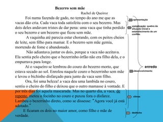 Bezerro sem mãe
Rachel de Queiroz
Foi numa fazenda de gado, no tempo do ano me que as
vacas dão cria. Cada vaca toda satisfeita com o seu bezerro. Mas
dois deles andavam tristes de dar pena: uma vaca que tinha perdido
o seu bezerro e um bezerro que ficou sem mãe.
A vaquinha até parecia estar chorando, com os peitos cheios
de leite, sem filho para mamar. E o bezerro sem mãe gemia,
morrendo de fome e abandonado.
Não adiantava juntar os dois, porque a vaca não aceitava.
Ela sentia pelo cheiro que o bezerrinho órfão não era filho dela, e o
empurrava para longe.
Aí o vaqueiro se lembrou do couro do bezerro morto, que
estava secado ao sol. Enrolou naquele couro o bezerrinho sem mãe
e levou o bichinho disfarçado para junto da vaca sem filho.
Ora, foi uma beleza! a vaca deu uma lambida no couro,
sentiu o cheiro do filho e deixou que o outro mamasse à vontade. E
por três dias foi aquela mascarada. Mas no quarto dia, a vaca, de
repente, meteu o focinho no couro e puxou fora o disfarce.
Lambeu o bezerrinho direto, como se dissesse: “Agora você já está
adotado.”
E ficaram os dois no maior amor, como filho e mãe de
verdade.
enredo
apresentação
desenvolvimento
desfecho
clímax
complicação: quebra da
situação inicial e
estabelecimento de um
conflito
 