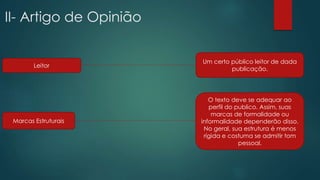 II- Artigo de Opinião
Leitor
Um certo público leitor de dada
publicação.
Marcas Estruturais
O texto deve se adequar ao
perfil do publico. Assim, suas
marcas de formalidade ou
informalidade dependerão disso.
No geral, sua estrutura é menos
rígida e costuma se admitir tom
pessoal.
 