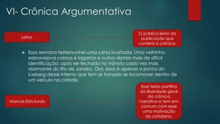 VI- Crônica Argumentativa
 Essa semana testemunhei uma cena inusitada. Uma velhinha
esbravejava cobras e lagartos e outros répteis mais de difícil
identificação, após ser fechada no trânsito cada vez mais
alarmante do Rio de Janeiro. Ora, essa é apenas a ponta do
iceberg desse inferno que tem se tornado se locomover dentro de
um veículo na cidade.
Leitor
O público leitor da
publicação que
conterá a crônica.
Marcas Estruturais
Esse texto partilha
da liberdade geral
da crônica
narrativa e tem em
comum com esse
uma motivação
do cotidiano.
 