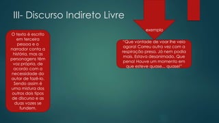 III- Discurso Indireto Livre
O texto é escrito
em terceira
pessoa e o
narrador conta a
história, mas as
personagens têm
voz própria, de
acordo com a
necessidade do
autor de fazê-lo.
Sendo assim é
uma mistura dos
outros dois tipos
de discurso e as
duas vozes se
fundem.
“Que vontade de voar lhe veio
agora! Correu outra vez com a
respiração presa. Já nem podia
mais. Estava desanimado. Que
pena! Houve um momento em
que esteve quase... quase!”
exemplo
 
