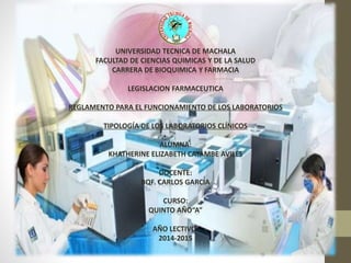 UNIVERSIDAD TECNICA DE MACHALA 
FACULTAD DE CIENCIAS QUIMICAS Y DE LA SALUD 
CARRERA DE BIOQUIMICA Y FARMACIA 
LEGISLACION FARMACEUTICA 
REGLAMENTO PARA EL FUNCIONAMIENTO DE LOS LABORATORIOS 
TIPOLOGÍA DE LOS LABORATORIOS CLÍNICOS 
ALUMNA: 
KHATHERINE ELIZABETH CAYAMBE AVILES 
DOCENTE: 
BQF. CARLOS GARCIA 
CURSO: 
QUINTO AÑO“A” 
AÑO LECTIVO: 
2014-2015 
 