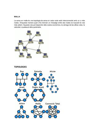 MALLA

La xarxa en malla és una topologia de xarxa on cada node està interconnectat amb un o més
nodes. D'aquesta manera quan s'ha d'enviar un missatge entre dos nodes es buscarà la ruta
més adient. Aquesta ruta pot dependre dels costos econòmics, la càrrega de les altres rutes, la
velocitat o qualsevol altre paràmetre.




TOPOLOGIES
 