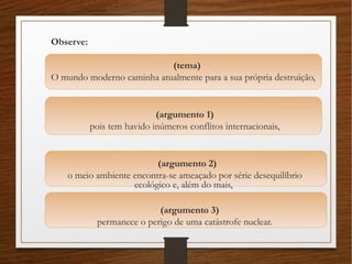 Observe:
(tema)
O mundo moderno caminha atualmente para a sua própria destruição,
(argumento 1)
pois tem havido inúmeros conflitos internacionais,
(argumento 2)
o meio ambiente encontra-se ameaçado por série desequilíbrio
ecológico e, além do mais,
(argumento 3)
permanece o perigo de uma catástrofe nuclear.
 