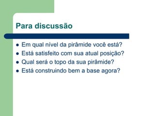Para discussão

   Em qual nível da pirâmide você está?
   Está satisfeito com sua atual posição?
   Qual será o topo da sua pirâmide?
   Está construindo bem a base agora?
 